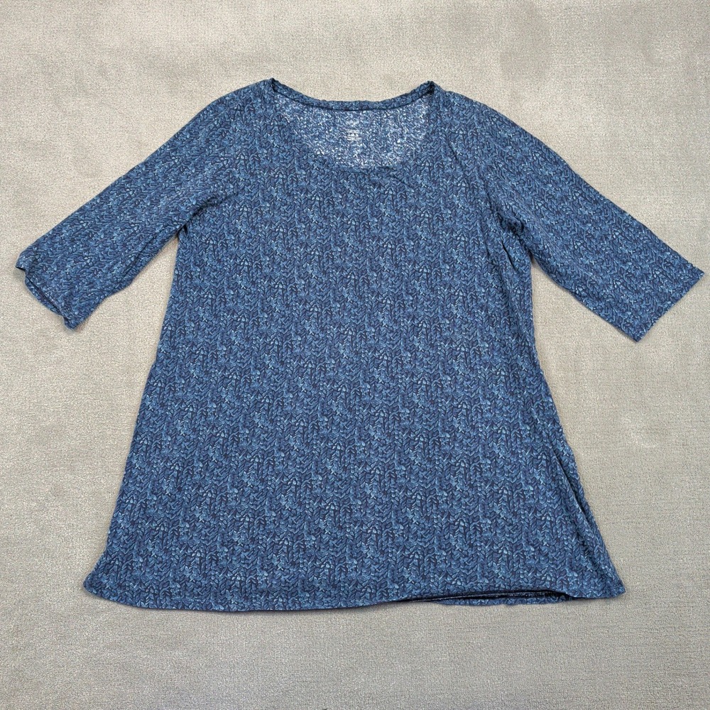 Pure Jill Ballet Sleeve Tunic Womens Large Blue Leaf Print Cotton Modal Blend